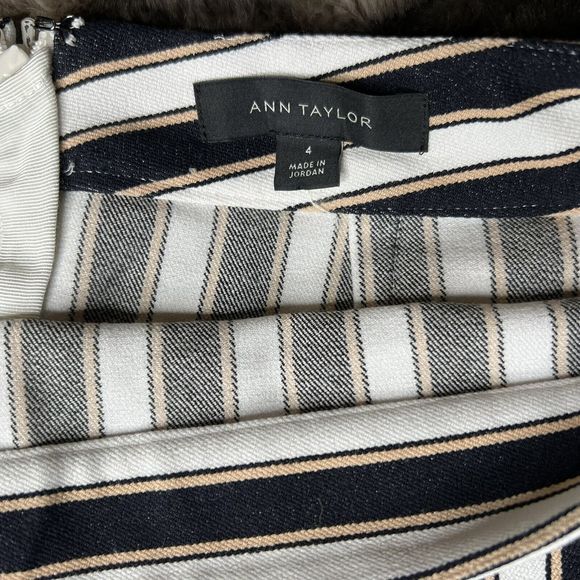 Ann Taylor Skirt Striped Black White Tan Knee Length Ruffle Career Size 4 Zipper - Picture 6 of 10